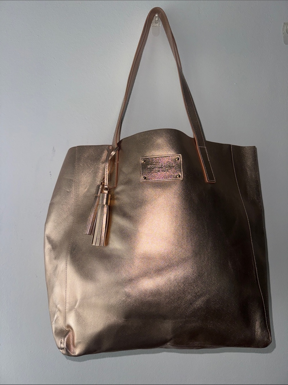 KORS Leather Metallic Rose Gold Tote Bag with Tassel